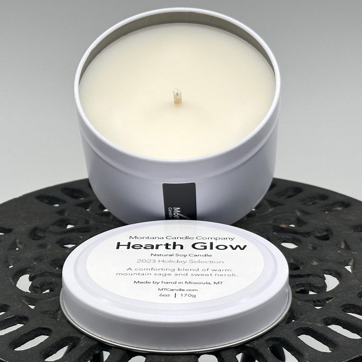 Montana Candle Company Hearth Glow natural soy candle, 6 oz. tin (open)