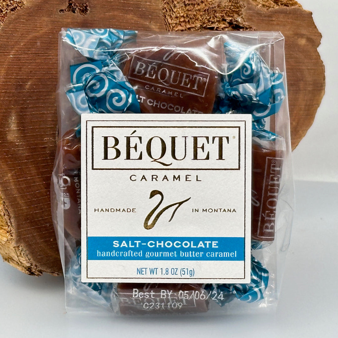 5 piece (1.8 oz.) bag of Bequet gourmet Salt-Chocolate Caramels, front