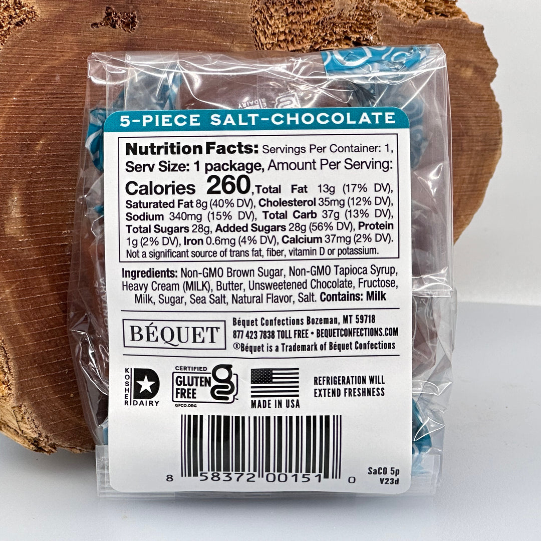 5 piece (1.8 oz.) bag of Bequet gourmet Salt-Chocolate Caramels, ingredients & nutrition facts