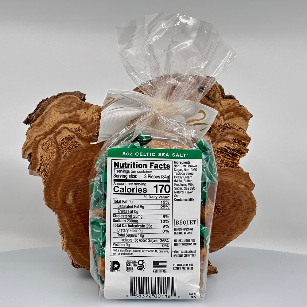 8 oz. bag of Bequet gourmet Celtic Sea Salt Caramels, ingredients & nutrition facts