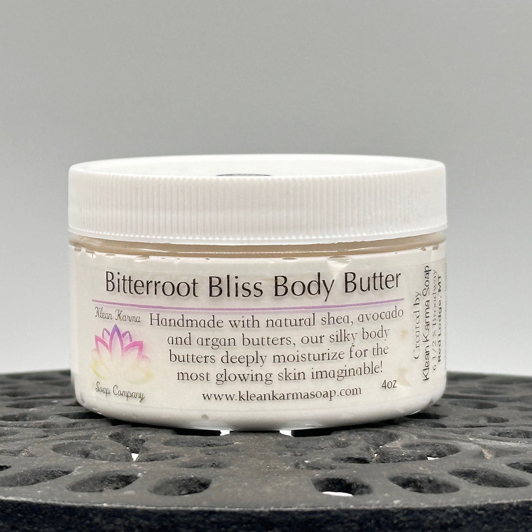 4 oz. jar of Klean Karma Soap Company's Bitterroot Bliss Body Butter, front