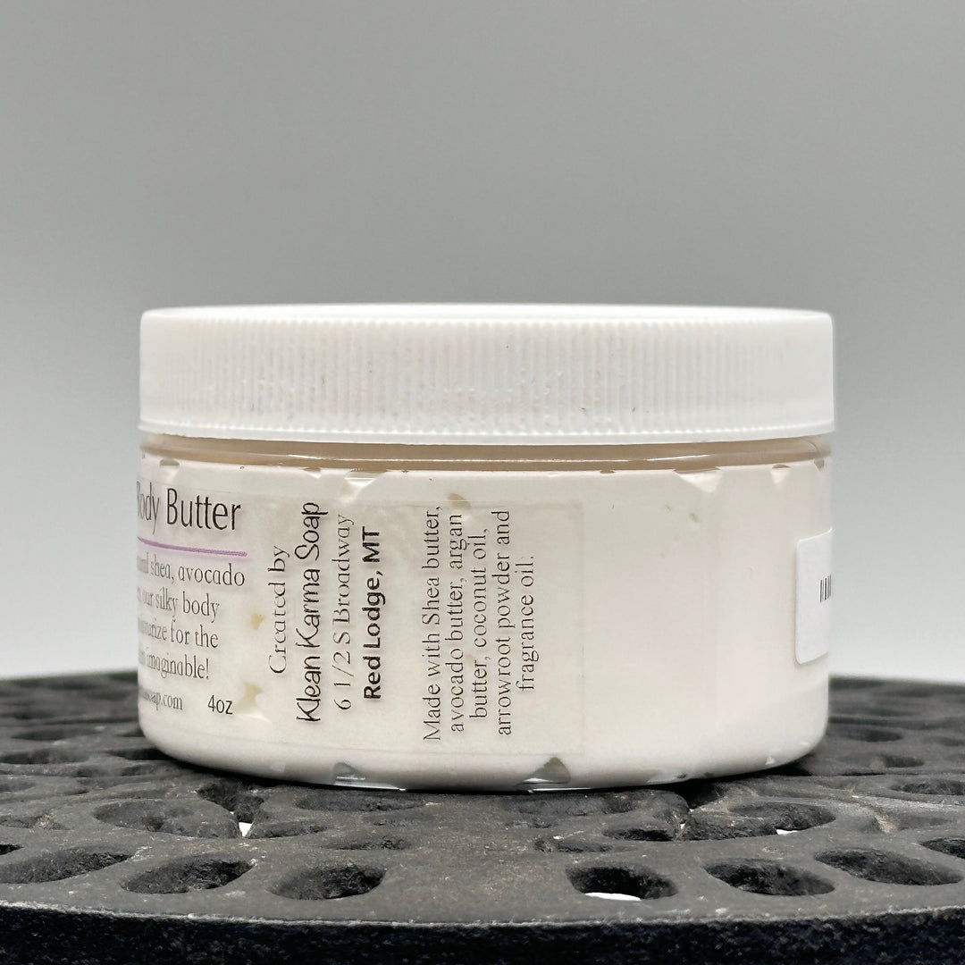 4 oz. jar of Klean Karma Soap Company's Bitterroot Bliss Body Butter, ingredients