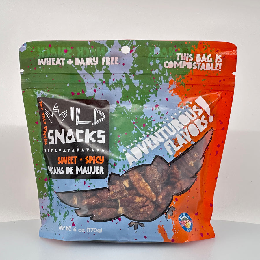 6 oz. bag of Orange Eyed Owl Wild Snacks, Sweet & Spicy Pecans de Maujer, front