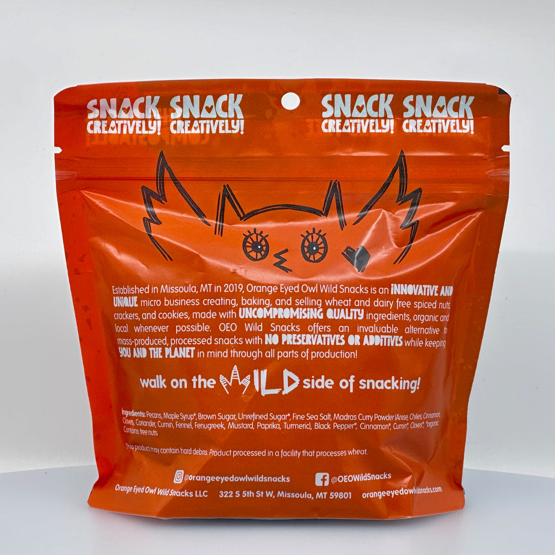6 oz. bag of Orange Eyed Owl Wild Snacks, Sweet & Spicy Pecans de Maujer, decription & ingredients