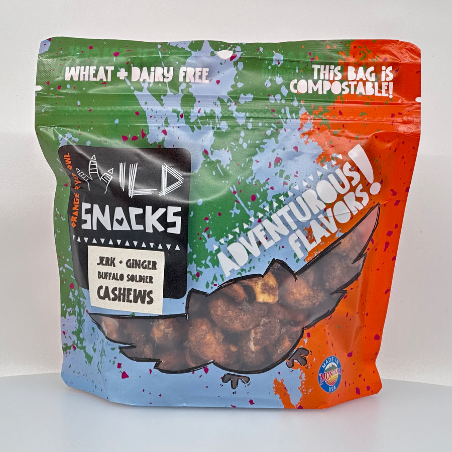 6 oz. bag of Orange Eyed Owl Wild Snacks Buffalo Soldiers Cashews (Jerk Spiced Cashews), front