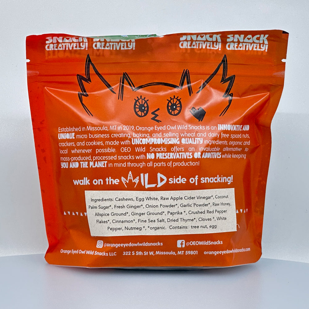6 oz. bag of Orange Eyed Owl Wild Snacks Buffalo Soldiers Cashews (Jerk Spiced Cashews), description & ingredients