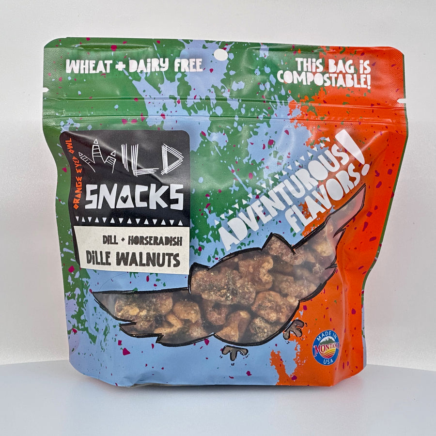 6 oz. bag of Orange Eyed Owl Wild Snacks Dillie Wanuts, front