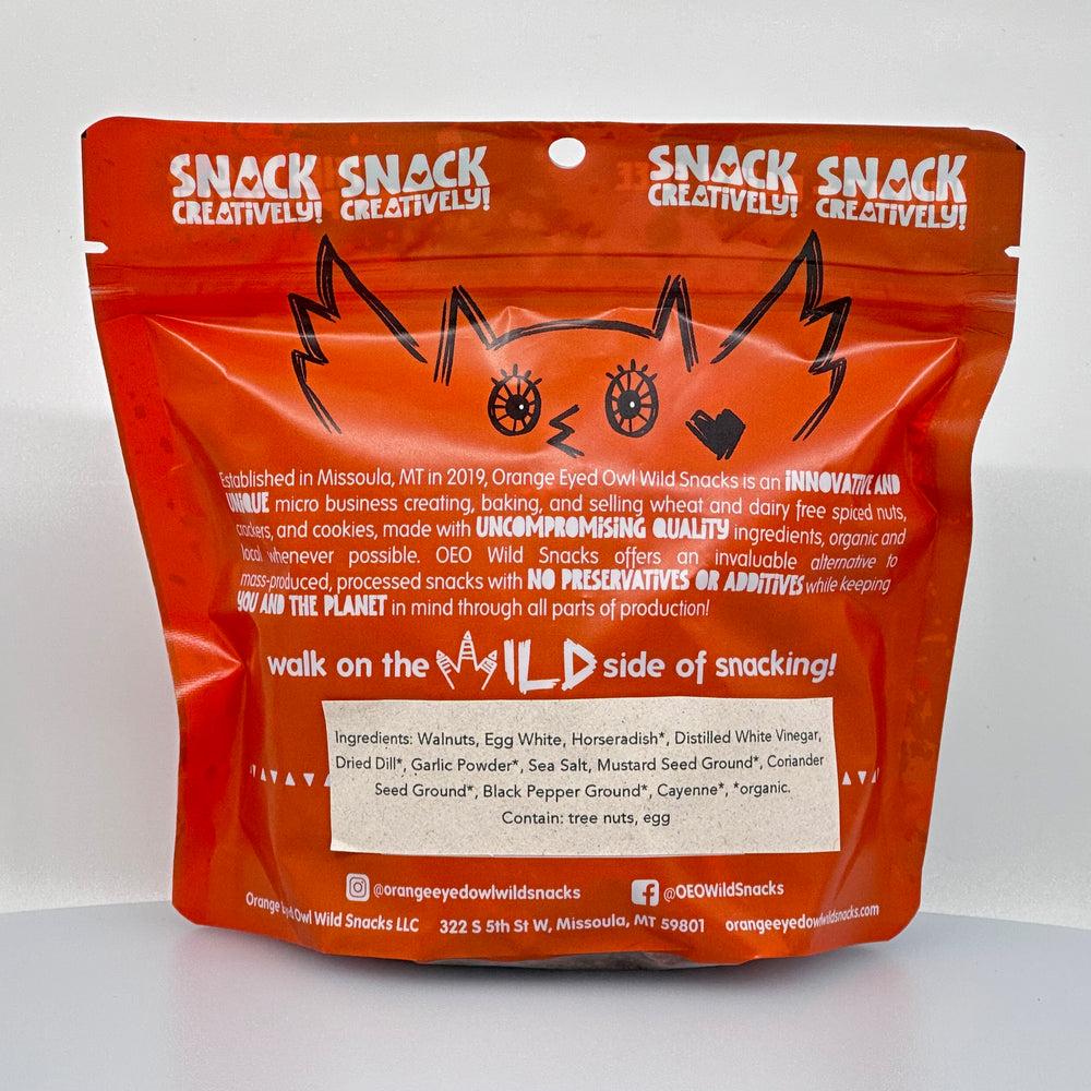 6 oz. bag of Orange Eyed Owl Wild Snacks Dillie Wanuts, description & ingredients