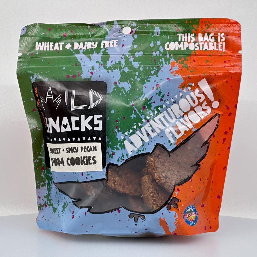 6 oz. bag of Orange Eyed Owl Wild Snacks PDM (Pecan de Maujer) Cookies, front