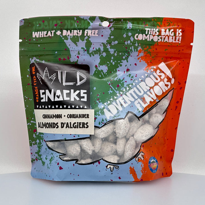 6 oz. bag of Orange Eyed Owl Wild Snacks Almonds D'Algiers, front
