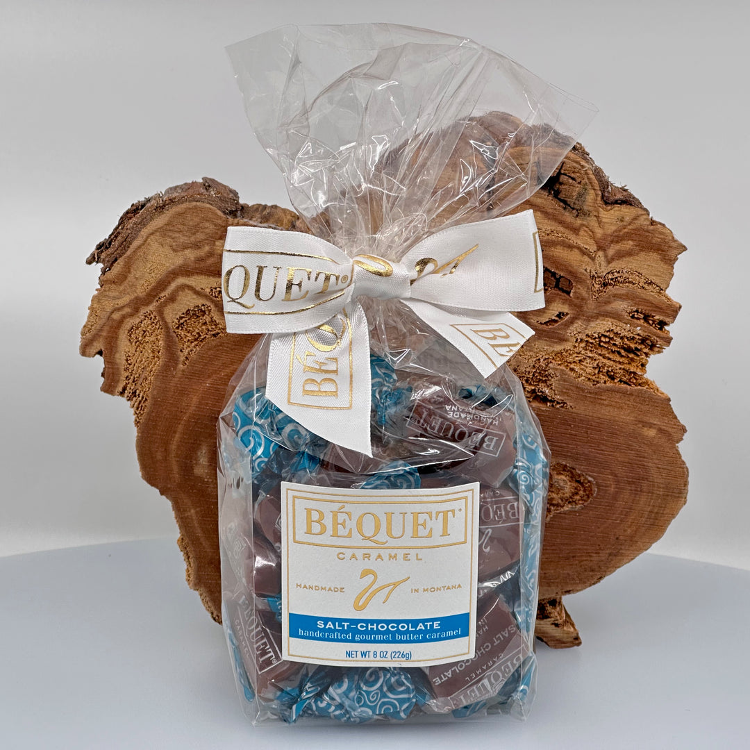 8 oz. gift bag of Bequet gourmet Salt-Chocolate butter caramels, front
