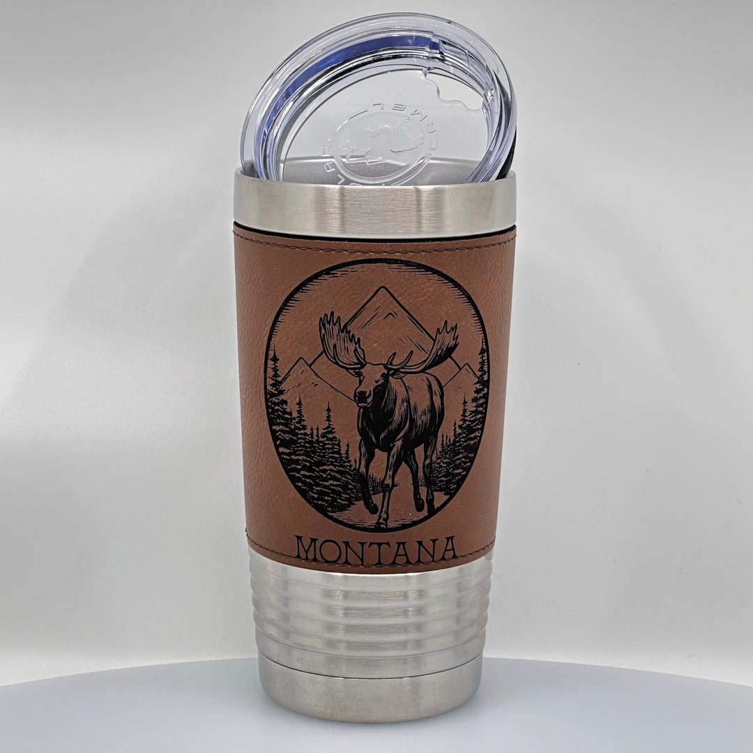 Blue Peaks Creative Montana Circle Moose Etched Leatherette Stainless Steel Pint