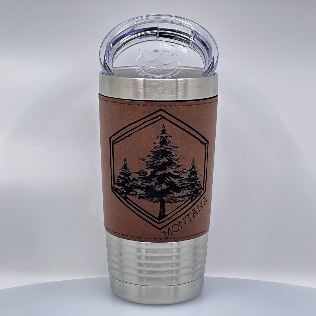 Blue Peaks Creative Montana Pine Tree Etched Leatherette Stainless Steel Pint