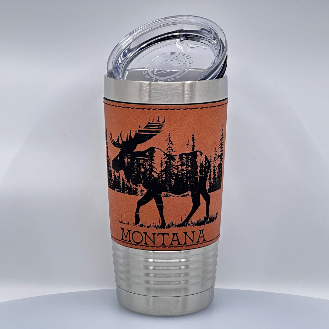 Blue Peaks Creative Montana Moose & Forest Etched Leatherette Stainless Steel Pint