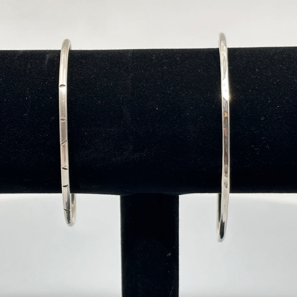Two Sterling Silver .925 Skinny Cuff Bracelets by Patagonian Hands (partially hammered or gently scored), detail