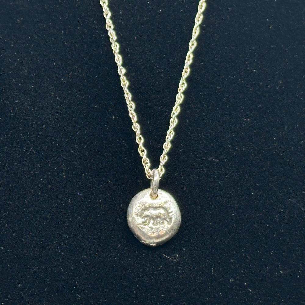 Fine Silver (.999) Bear Necklace with Sterling Silver (.925) Chain by Patagonian Hands, detail