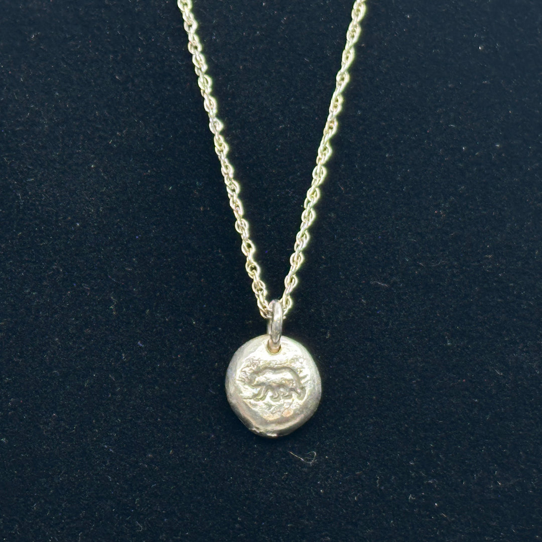 Fine Silver (.999) Bear Necklace with Sterling Silver (.925) Chain by Patagonian Hands, detail
