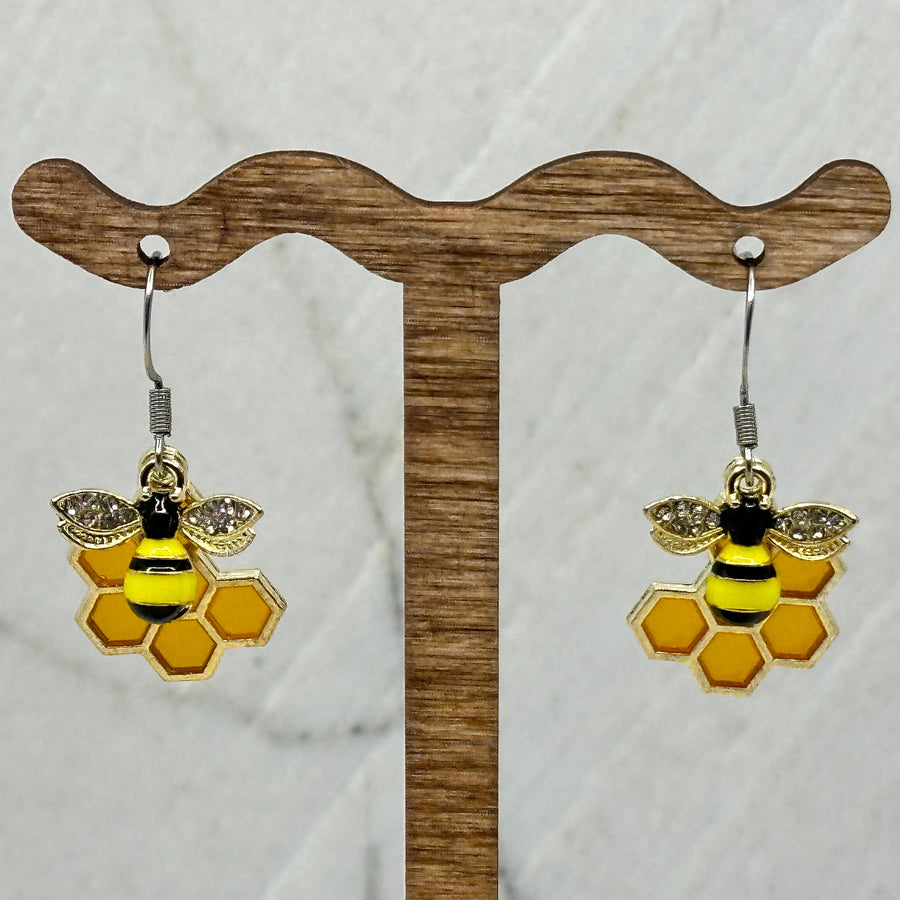 Pair of Bee On Honeycomb Earrings with Stainless Steel Wires by Woodland Goth Creations