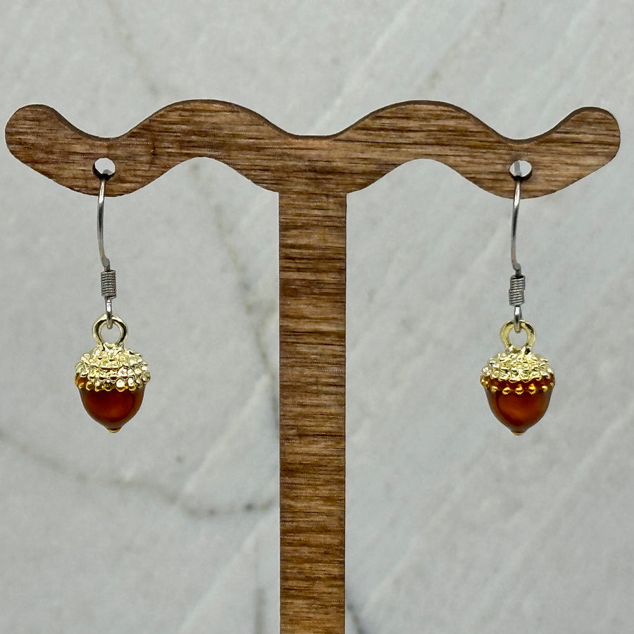Pair of Dainty Acorn Earrings with Stainless Steel Wires by Woodland Goth Creations