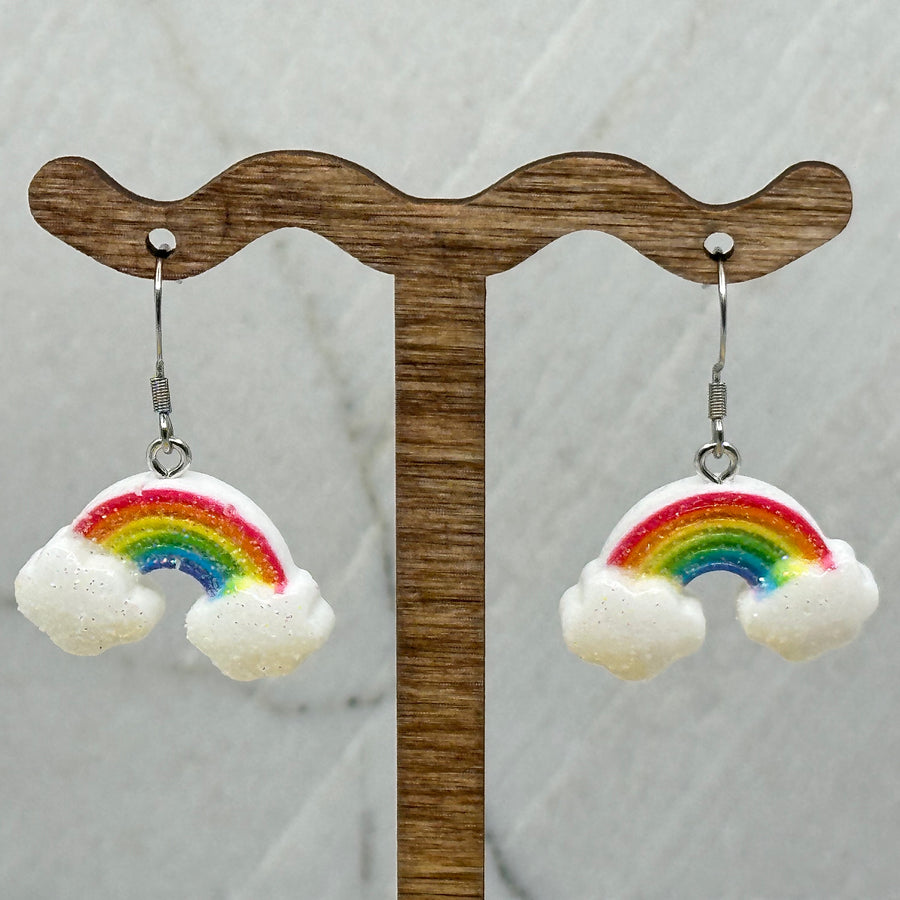 Pair of Cloud and Rainbow Earrings with Stainless Steel Wires by Woodland Goth Creations