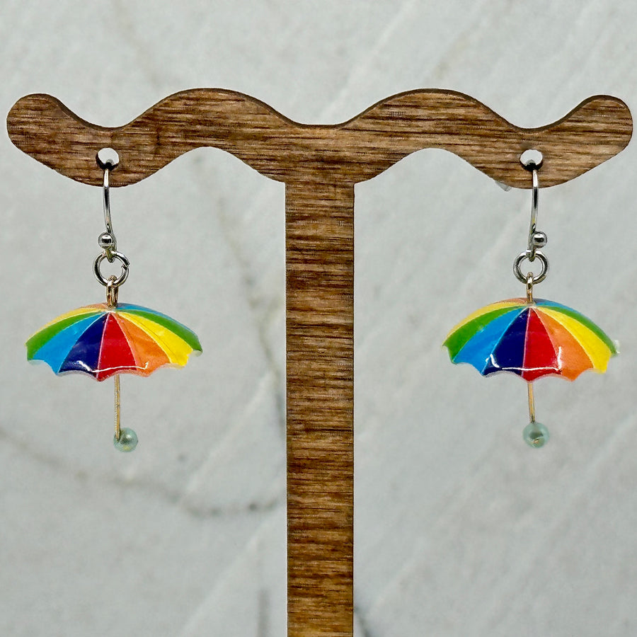Pair of Rainbow Umbrella Earrings with Stainless Steel Wires by Woodland Goth Creations