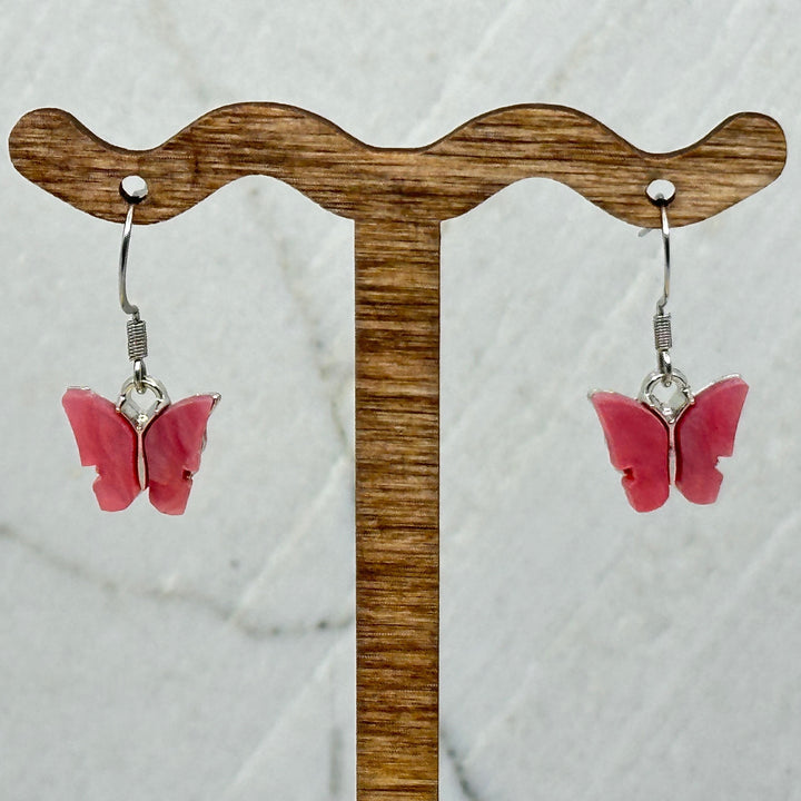 Pair of Butterfly Earrings with Stainless Steel Wires by Woodland Goth Creations, pink