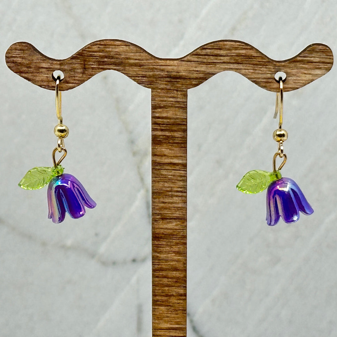 Pair of Iridescent Flower Earrings with iron ear wires by Woodland Goth Creations, purple