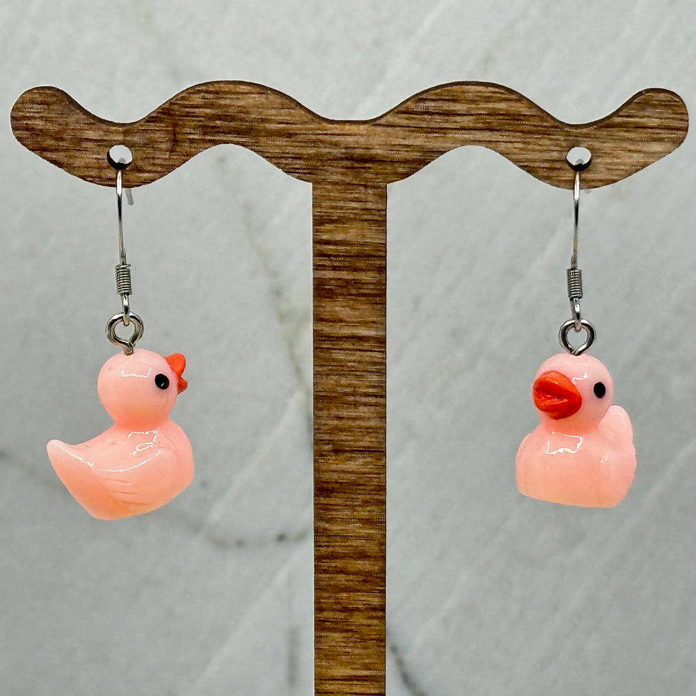 Pair of Duck Earrings with Stainless Steel Ear Wires by Woodland Goth Creations, pink