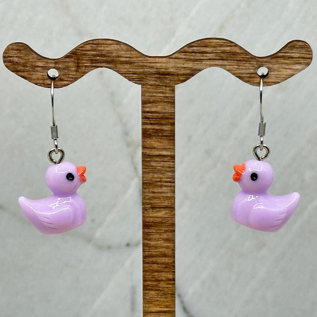 Pair of Duck Earrings with Stainless Steel Ear Wires by Woodland Goth Creations, purple