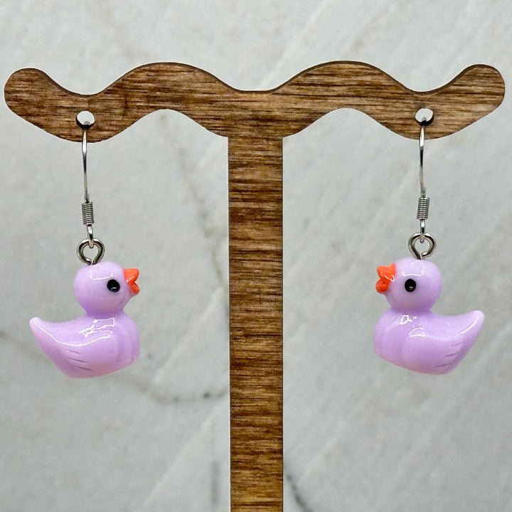 Pair of Duck Earrings with Stainless Steel Ear Wires by Woodland Goth Creations, purple