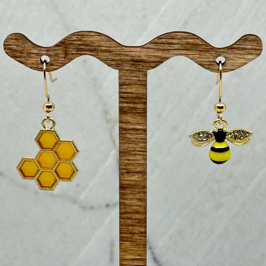 Pair of Bee and Honeycomb Earrings with Iron Wires by Woodland Goth Creations