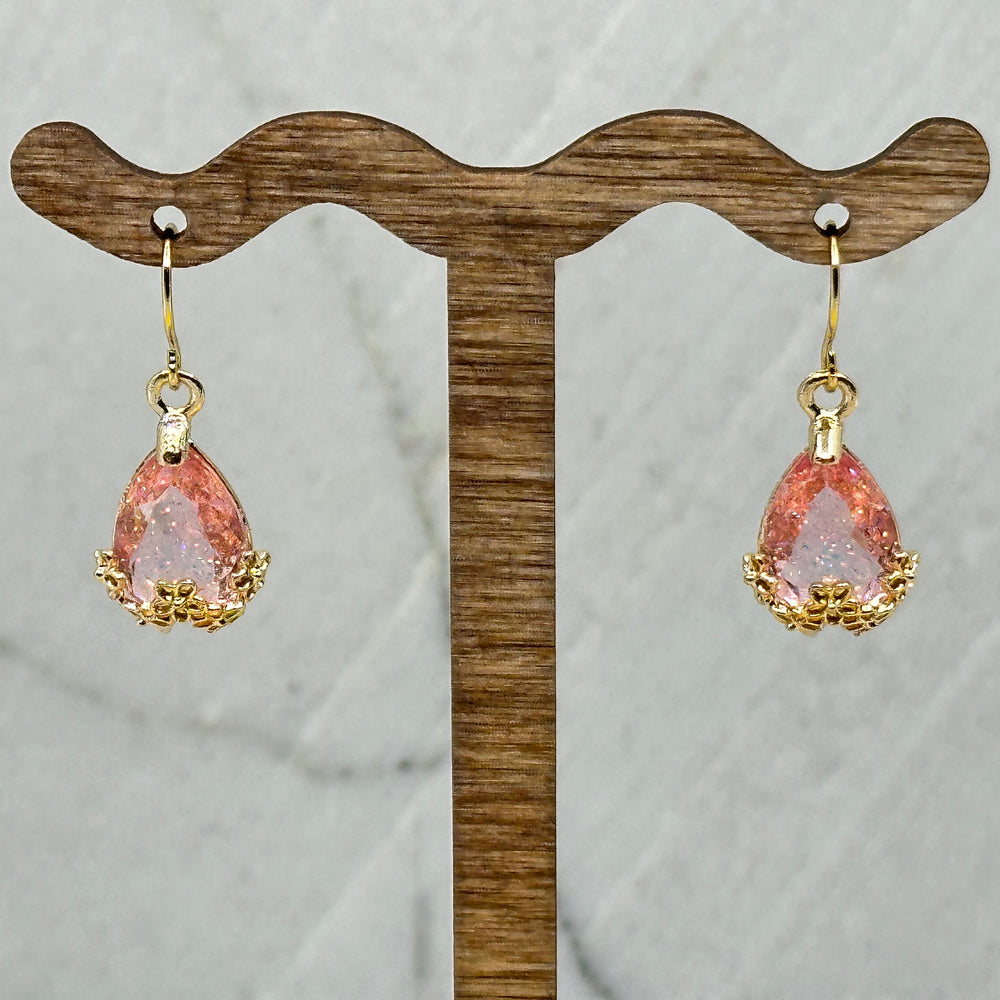 Pair of Crystal Dangle Earrings with 14K gold plated ear wires, by Woodland Goth Creations, pink