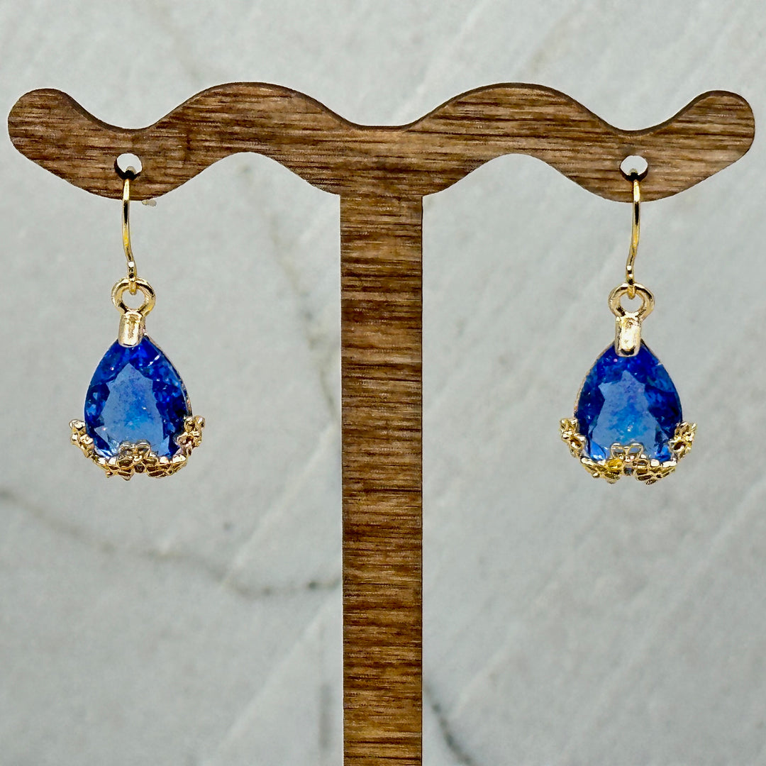 Pair of Crystal Dangle Earrings with 14K gold plated ear wires, by Woodland Goth Creations, blue