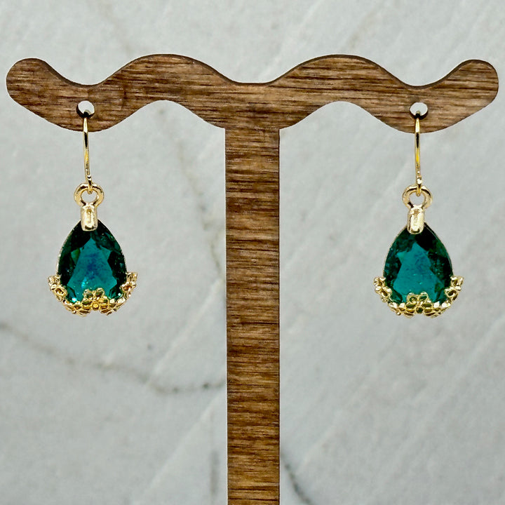 Pair of Crystal Dangle Earrings with 14K gold plated ear wires, by Woodland Goth Creations, green