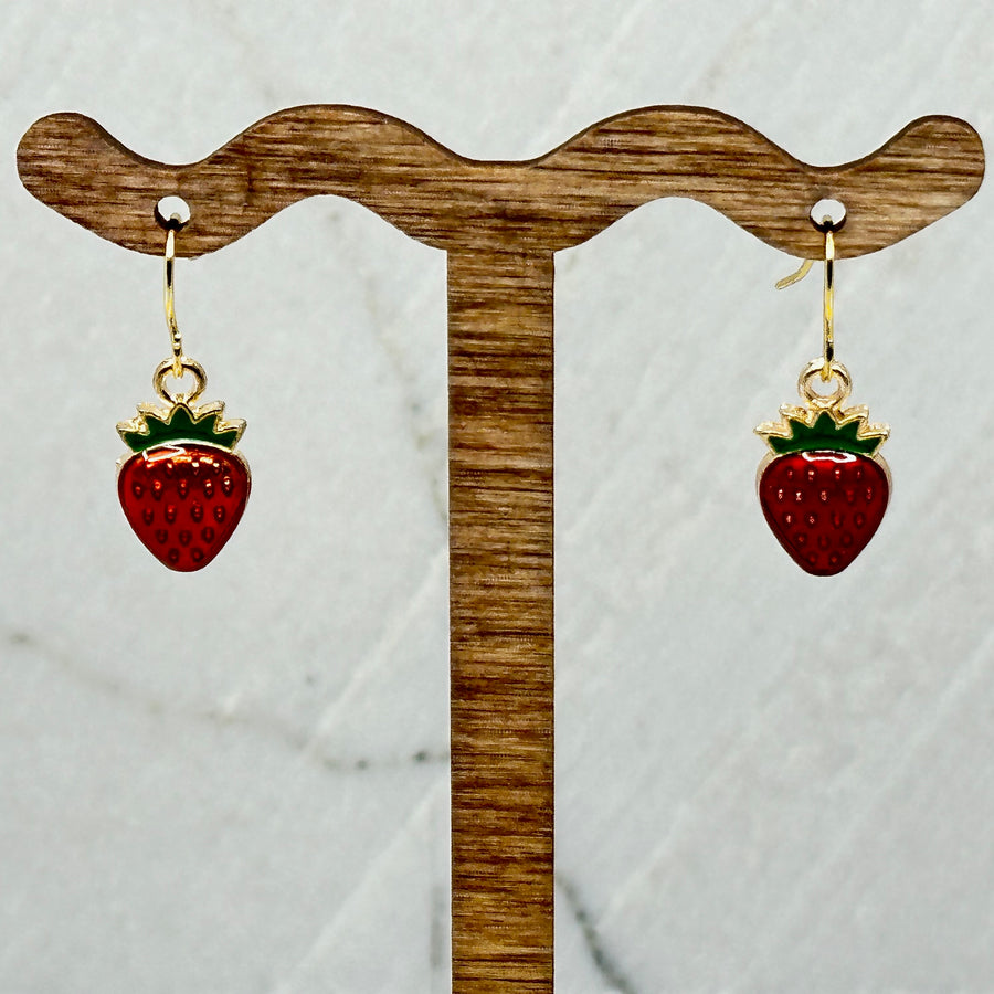 Pair of Small Strawberry Earrings with 14K Gold Plated Wires by Woodland Goth Creations