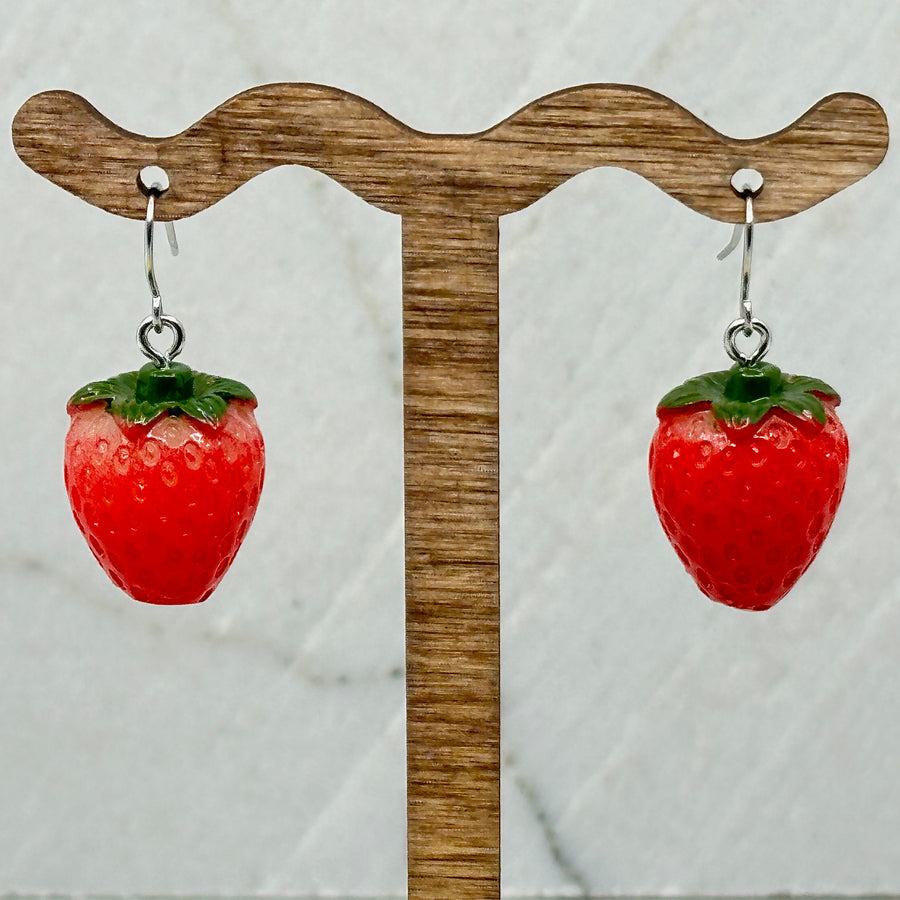 Pair of Large Strawberry Earrings with Stainless Steel Wires by Woodland Goth Creations