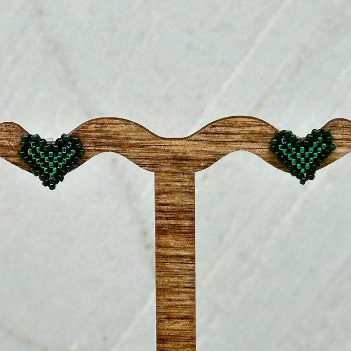 Aurum Shimmer's Heart Beaded Earrings with Stainless Steel Studs (green tones)