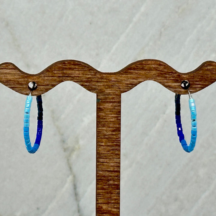 Pair of Aurum Shimmer's Beaded Stainless Steel Hoop Earrings (blues)