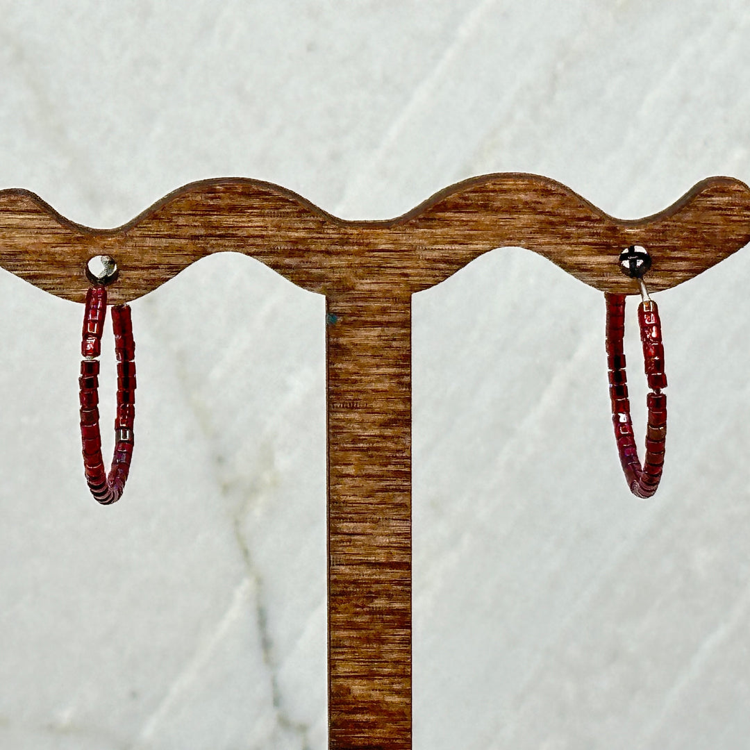 Pair of Aurum Shimmer's Beaded Stainless Steel Hoop Earrings (red)