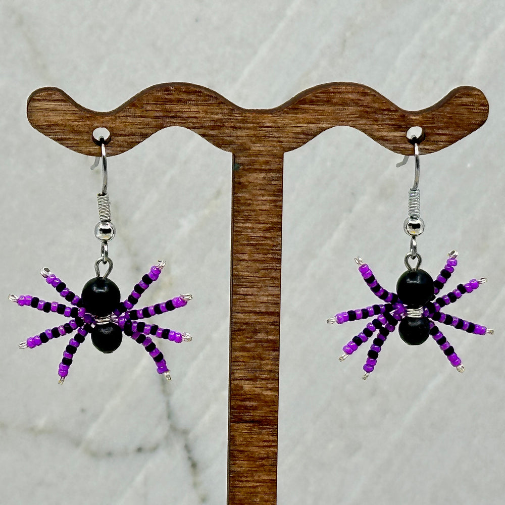 Pair of Spider Beaded Earrings with Stainless Steel Wires (purple and black)
