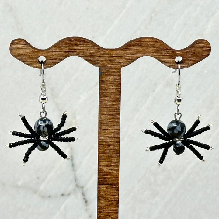Pair of Spider Beaded Earrings with Stainless Steel Wires (black)