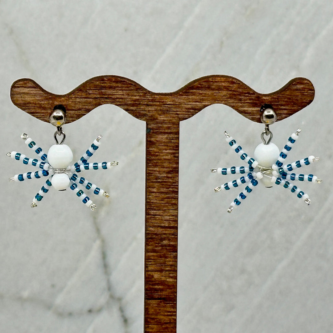 Pair of Spider Beaded Earrings with Stainless Steel Studs by Aurum Shimmer (blue and white)