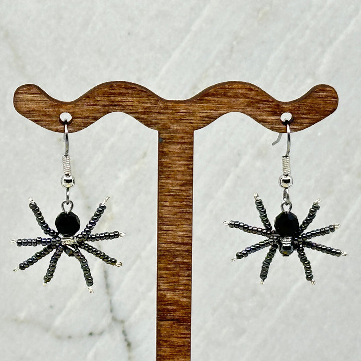 Pair of Spider Beaded Earrings with Stainless Steel Wires (black and chrome)