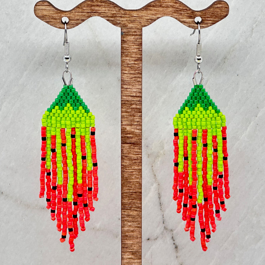 Pair of Aurum Shimmer's Watermelon Beaded Fringe Earrings with Stainless Steel Wires