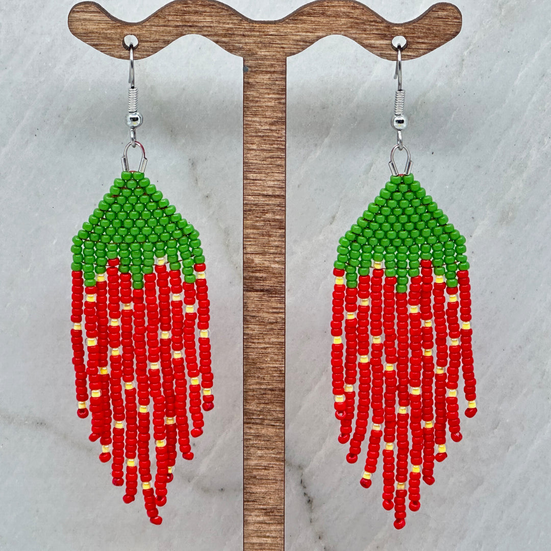 Pair of Strawberry Beaded Fringe Earrings with Stainless Steel Wires by Aurum Shimmer