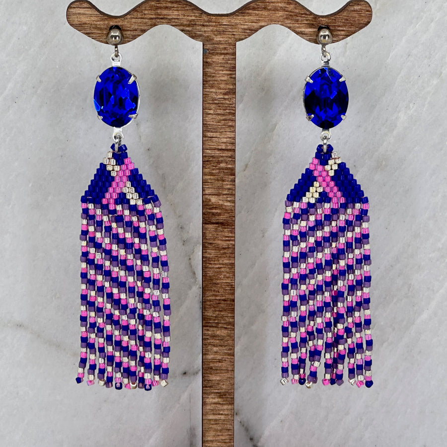 Pair of Aurum Shimmer's Sapphire Beaded Fringe Earrings with Stainless Steel Posts