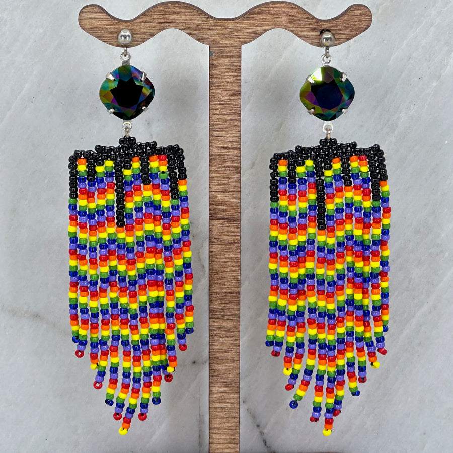 Aurum Shimmer's Black Rainbow Beaded Fringe Earrings with Stainless Steel Posts