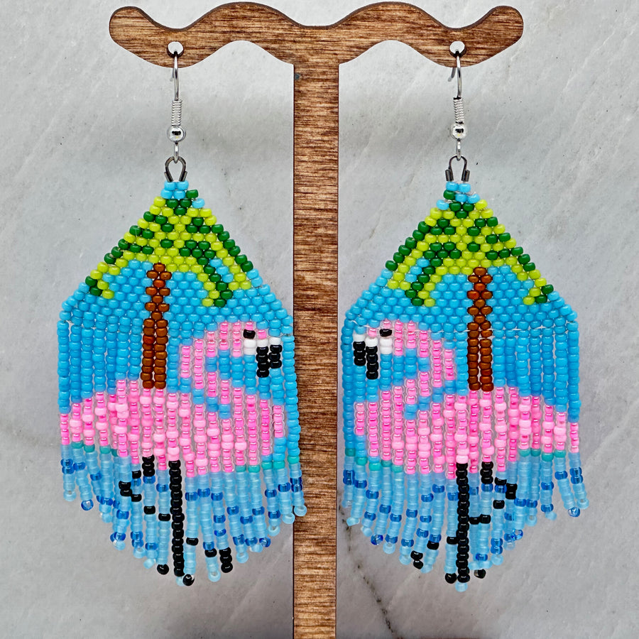 Aurum Shimmer's Flamingo Beaded Fringe Earrings with Stainless Steel Wires