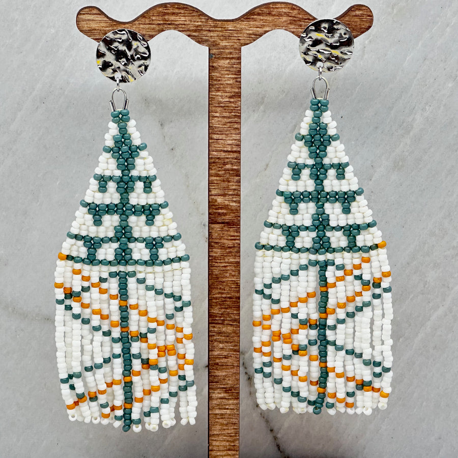 Aurum Shimmer's Abstract Beaded Pine Fringe Earrings with Stainless Steel Posts