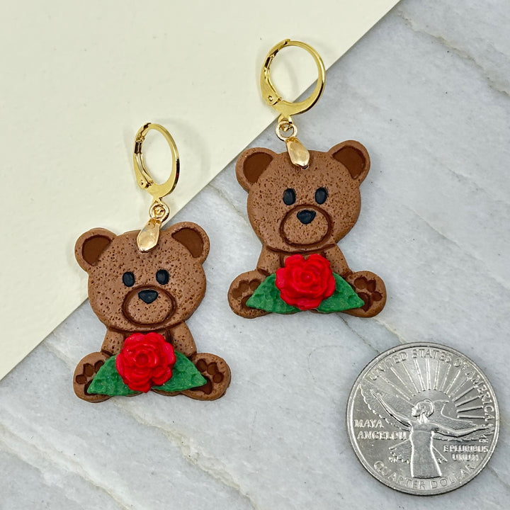 Pair of Bitterroot Shining Creations' Valentine Earrings (teddy bears), with scale